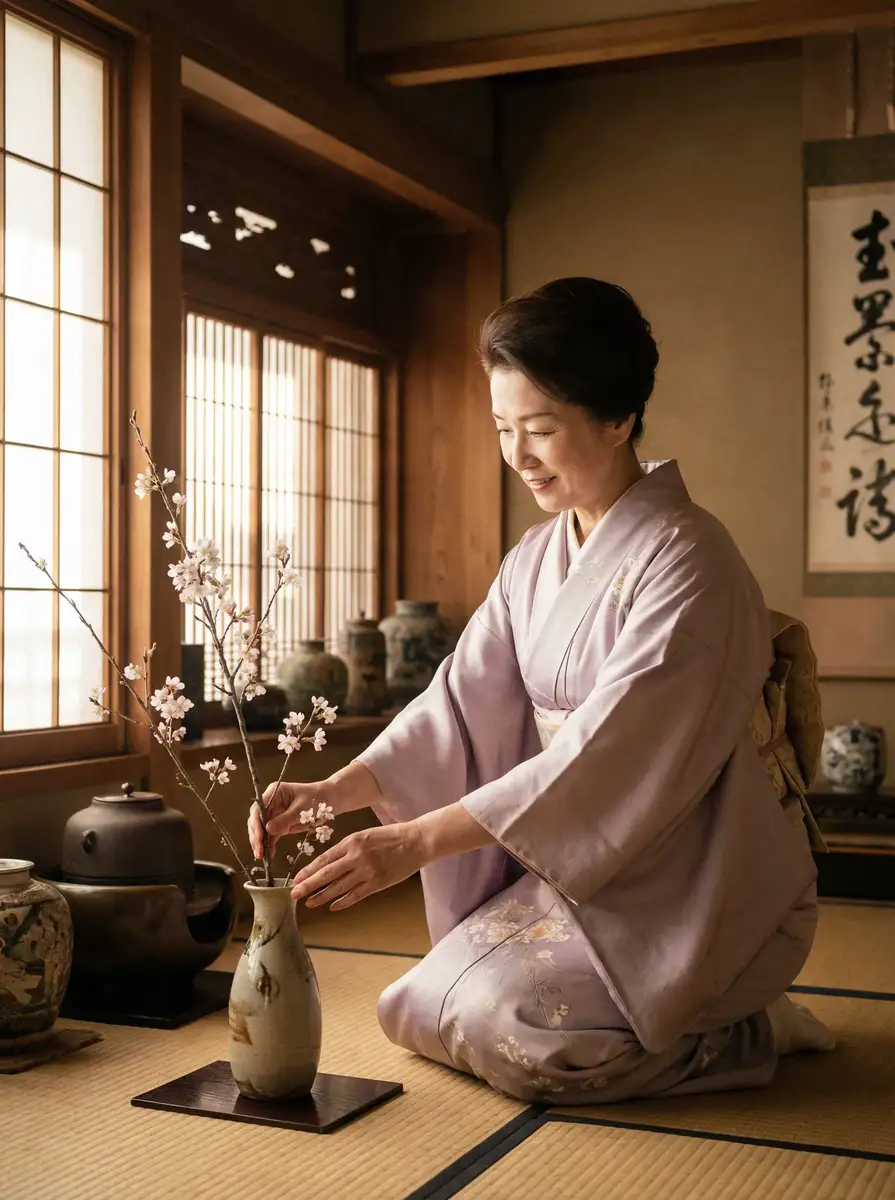 一位优雅的 爱威奶 在和室中插花